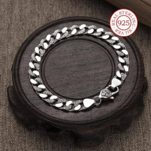 925 Sterling Silvery Tang Grass Pattern Cuban Bracelet, Men's Trendy Vintage Accessory