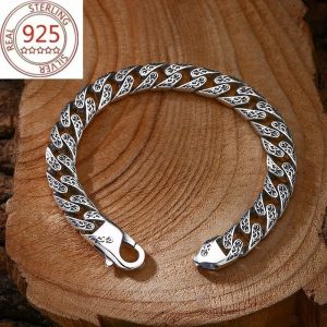 Sterling 925 Silver 925 Vine Grass Pattern Bracelet, Fashion Punk Style, Elegant Jewelry, Ideal Gift for Men and Women, No Stone, No Plating - Over 15 Years Age Group